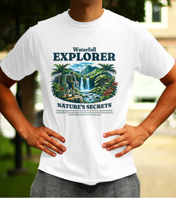 Waterfall Explorer Nature's Secrets Discover Mysteries Towering Heights Breathtaking Views T-Shirt