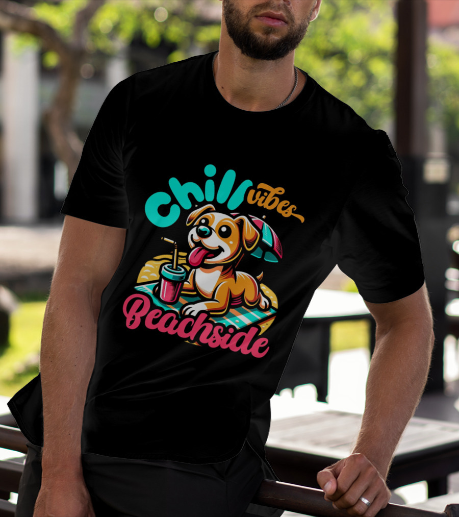 Chill Vibes Beachside Relaxing Dog With Umbrella And Drink T-Shirt