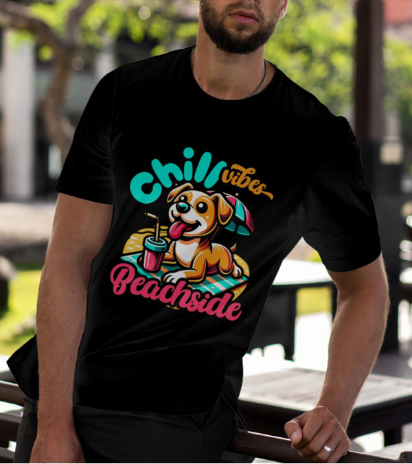 Chill Vibes Beachside Relaxing Dog With Umbrella And Drink T-Shirt