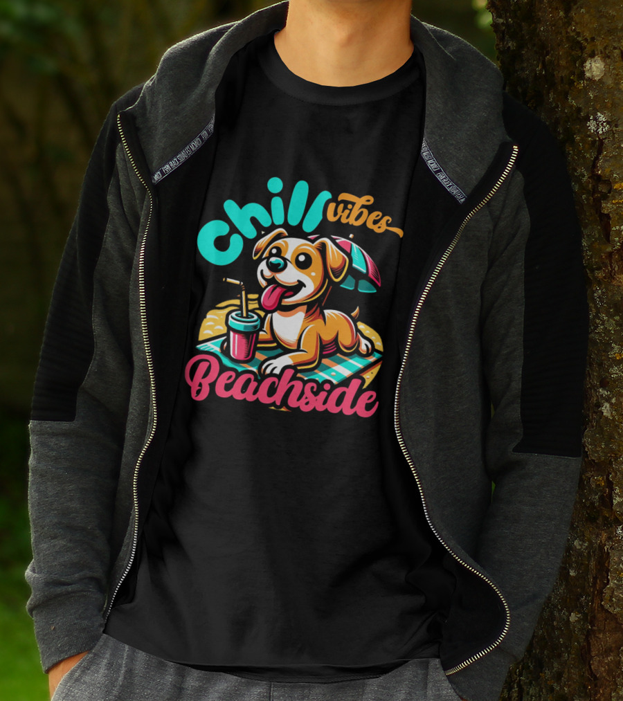 Chill Vibes Beachside Relaxing Dog With Umbrella And Drink T-Shirt