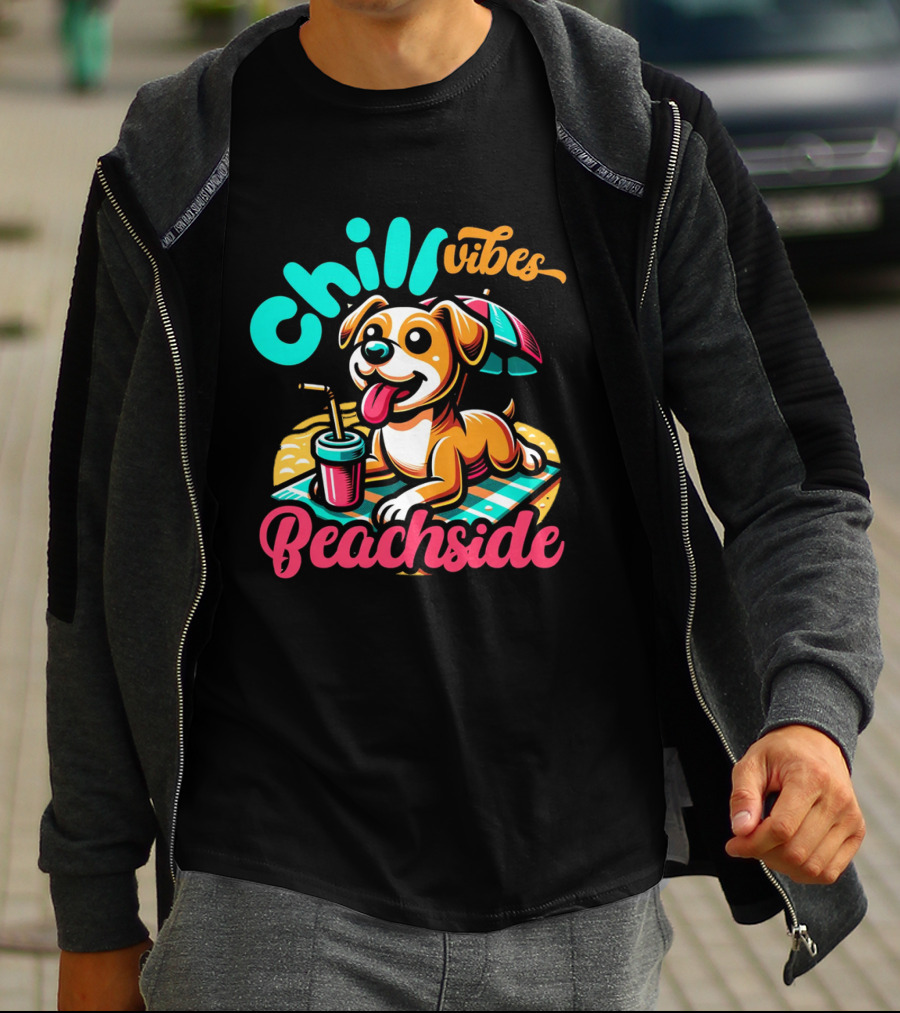 Chill Vibes Beachside Relaxing Dog With Umbrella And Drink T-Shirt