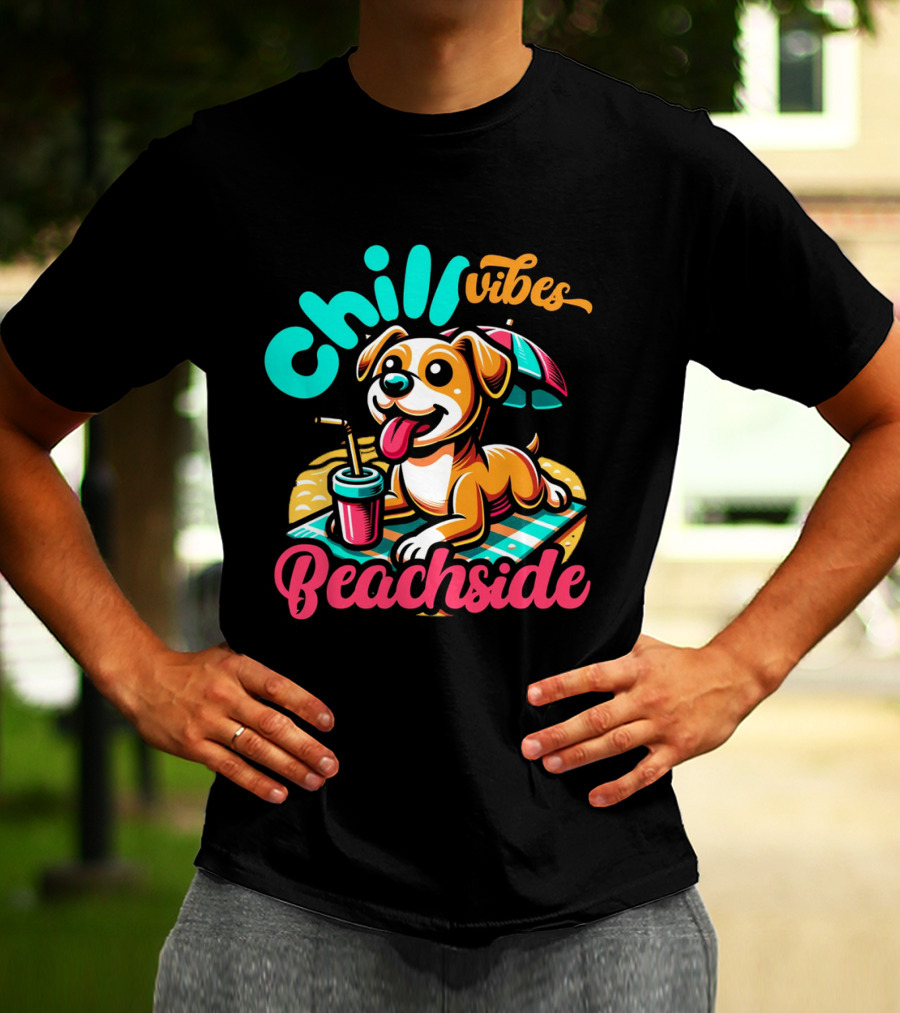 Chill Vibes Beachside Relaxing Dog With Umbrella And Drink T-Shirt