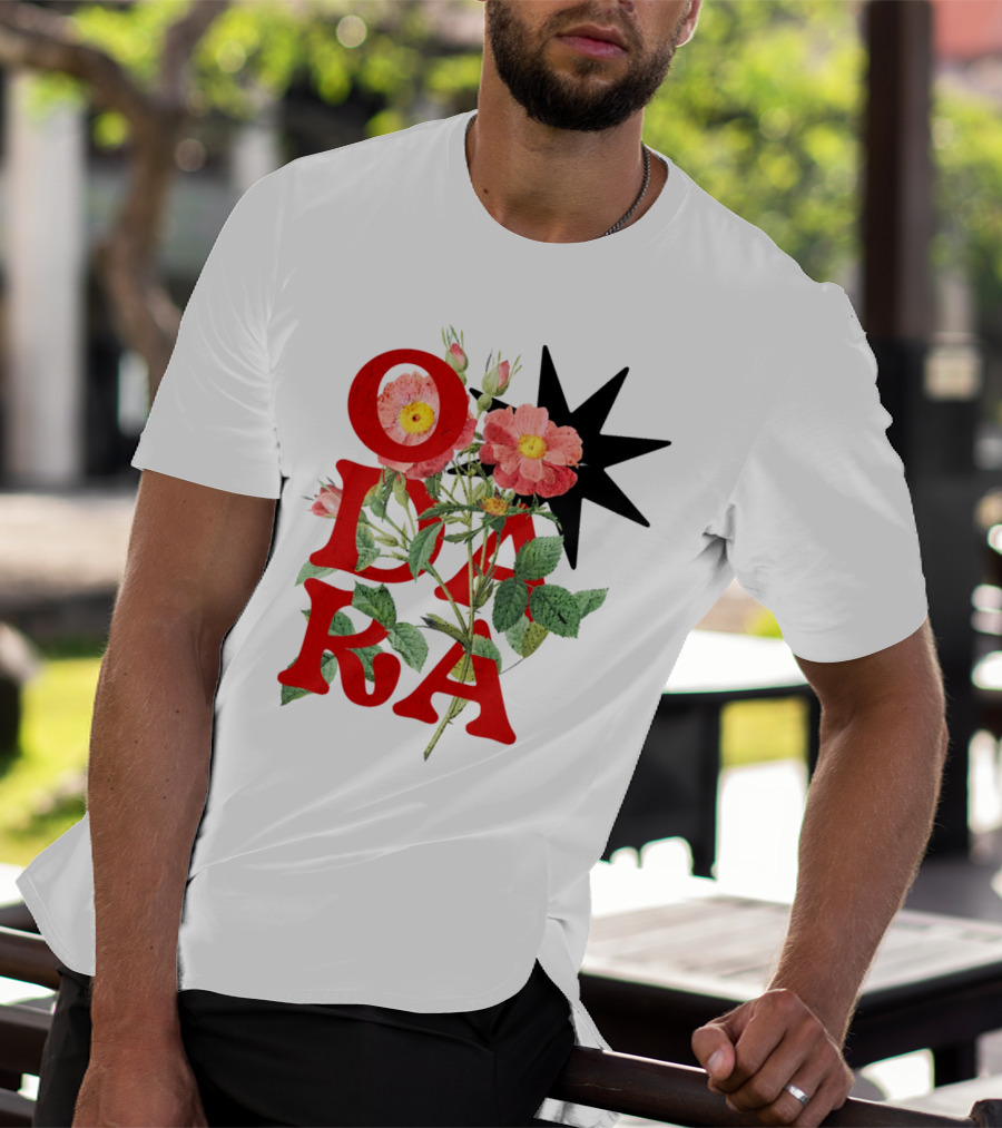 ODARA Bold Floral Art With Red Letters And Pink Flowers T-Shirt