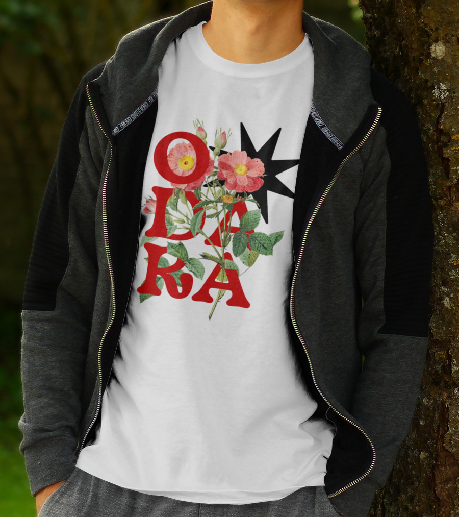 ODARA Bold Floral Art With Red Letters And Pink Flowers T-Shirt