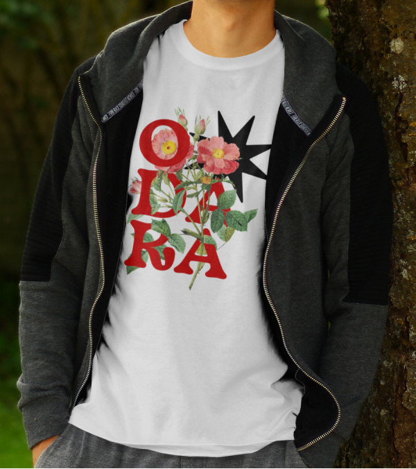 ODARA Bold Floral Art With Red Letters And Pink Flowers T-Shirt