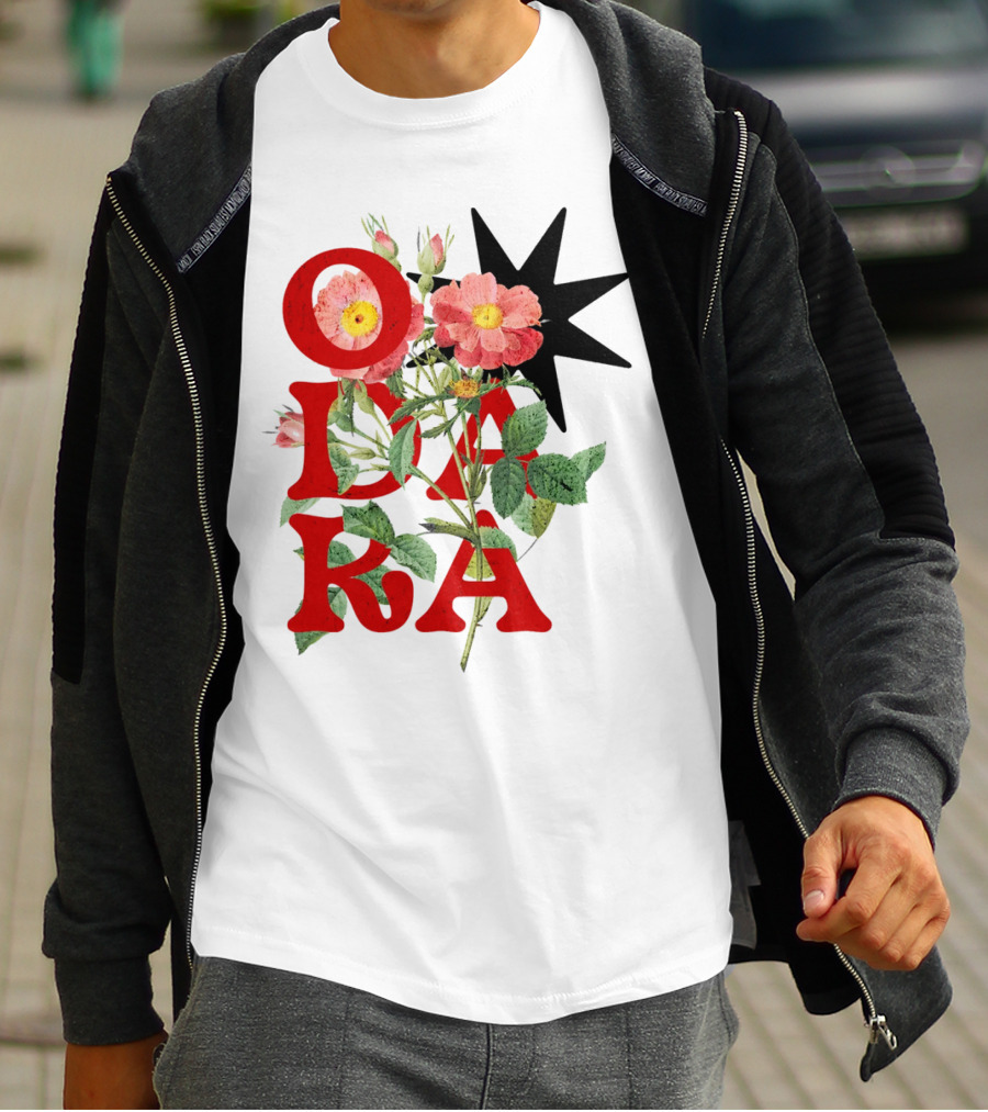ODARA Bold Floral Art With Red Letters And Pink Flowers T-Shirt