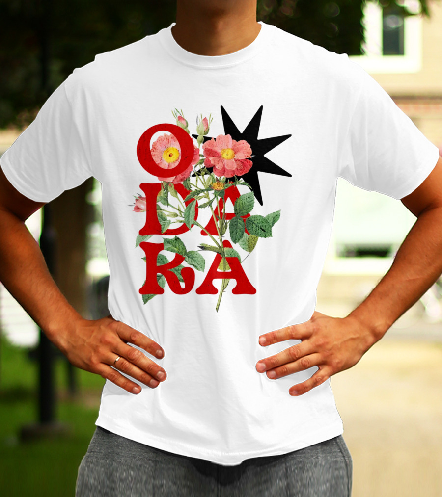 ODARA Bold Floral Art With Red Letters And Pink Flowers T-Shirt