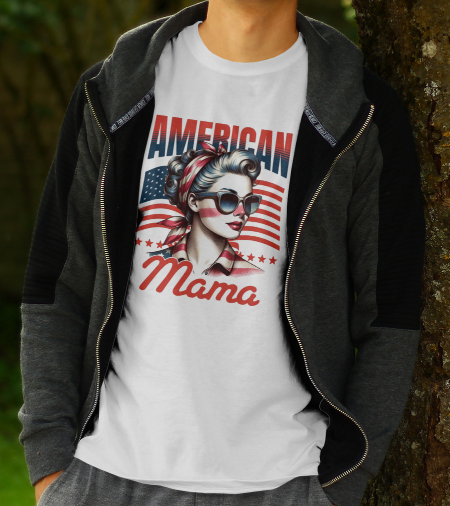 American Mama Vintage Patriotic Bandana Sunglasses Retro Flag Stars T-Shirt