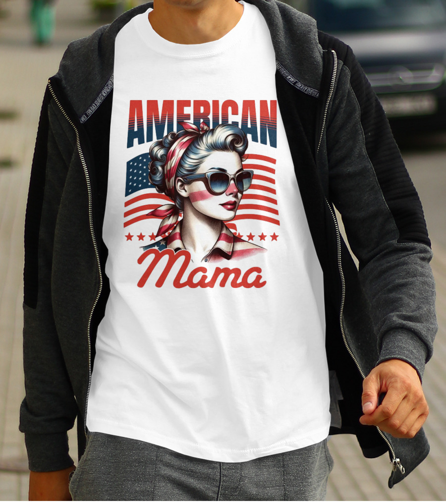 American Mama Vintage Patriotic Bandana Sunglasses Retro Flag Stars T-Shirt