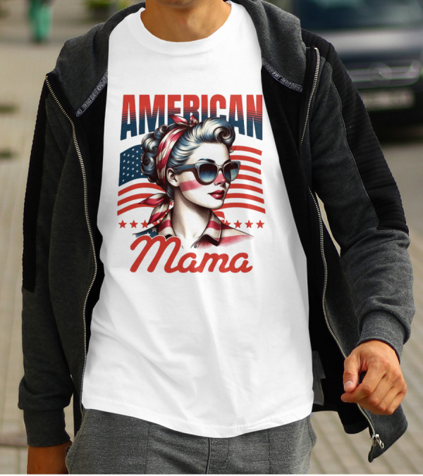 American Mama Vintage Patriotic Bandana Sunglasses Retro Flag Stars T-Shirt