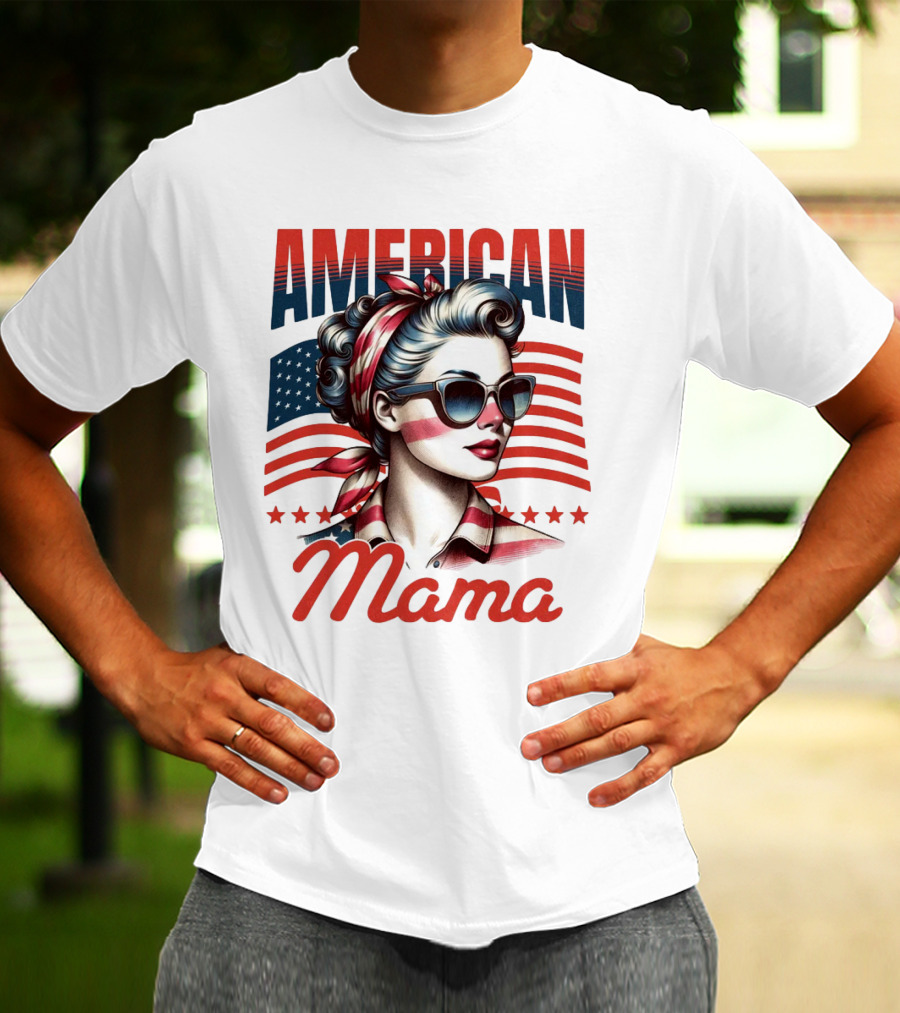 American Mama Vintage Patriotic Bandana Sunglasses Retro Flag Stars T-Shirt