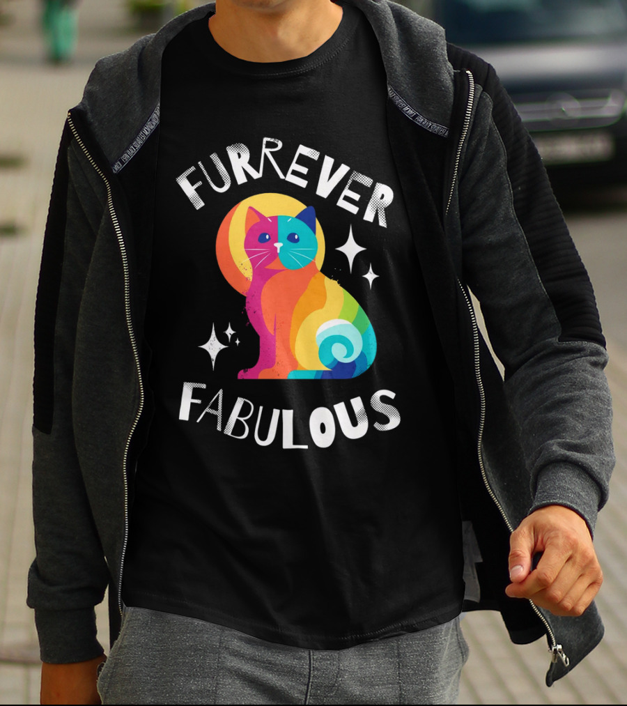 Furrever Fabulous Rainbow Cat With Stars T-Shirt