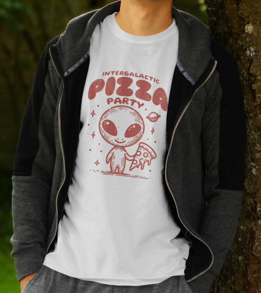 Intergalactic Pizza Party Alien Holding Pizza With Stars And Planet T-Shirt