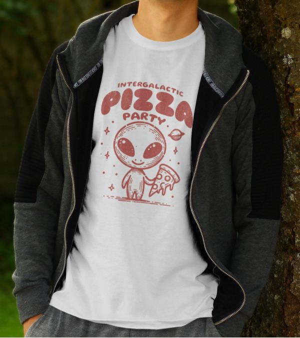 Intergalactic Pizza Party Alien Holding Pizza With Stars And Planet T-Shirt