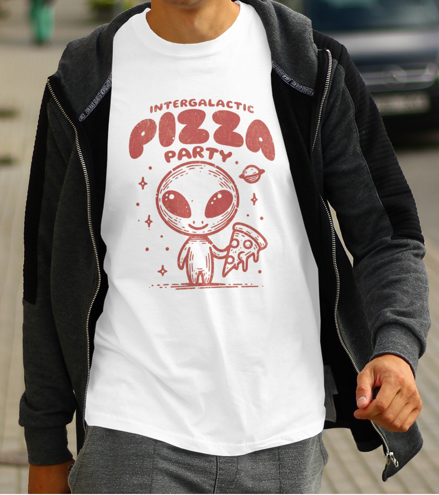 Intergalactic Pizza Party Alien Holding Pizza With Stars And Planet T-Shirt