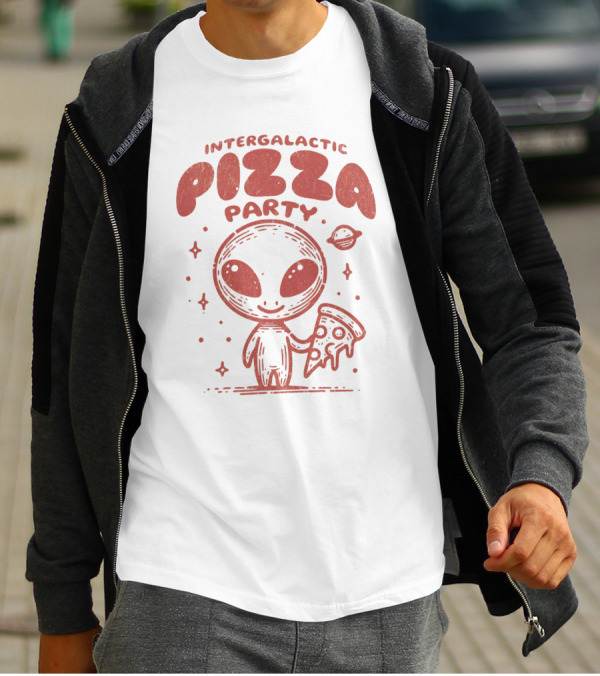Intergalactic Pizza Party Alien Holding Pizza With Stars And Planet T-Shirt