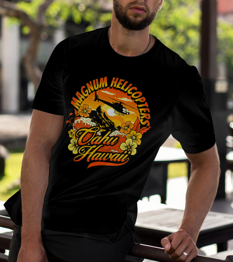 Magnum Helicopters Oahu Hawaii Helicopter Scenic Sunset Tropical Flowers T-Shirt