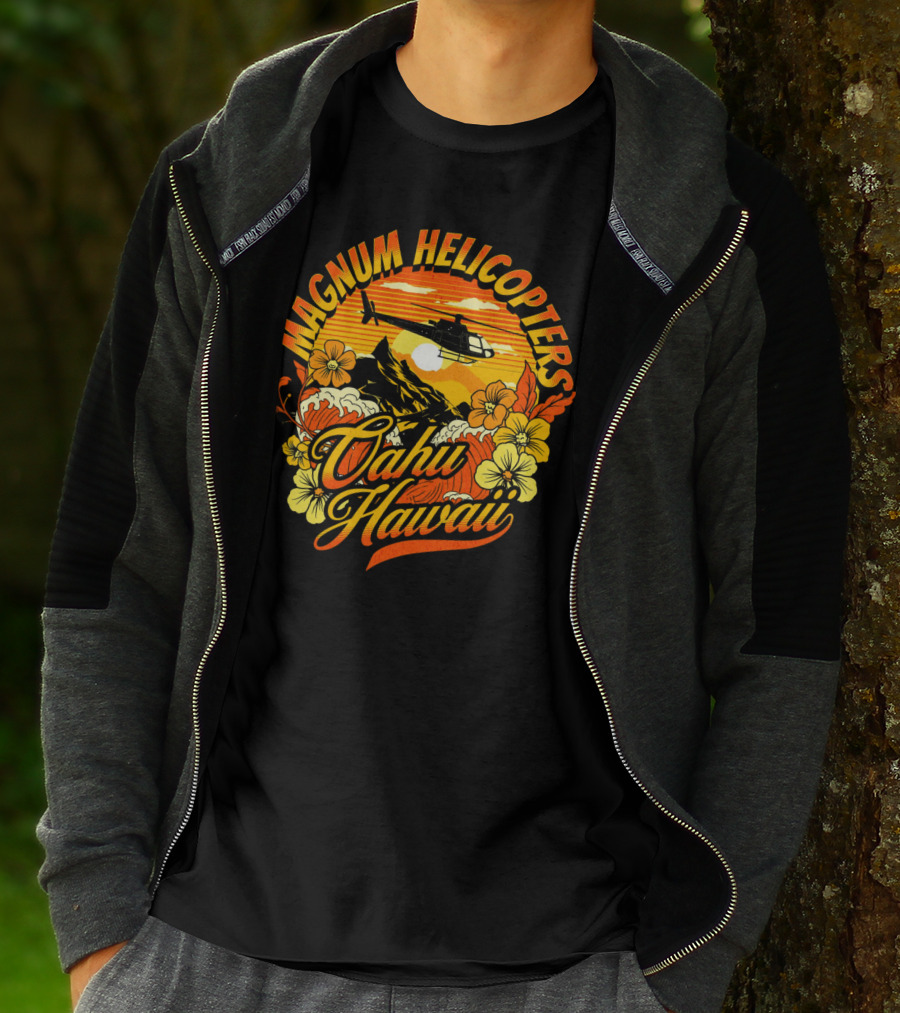 Magnum Helicopters Oahu Hawaii Helicopter Scenic Sunset Tropical Flowers T-Shirt