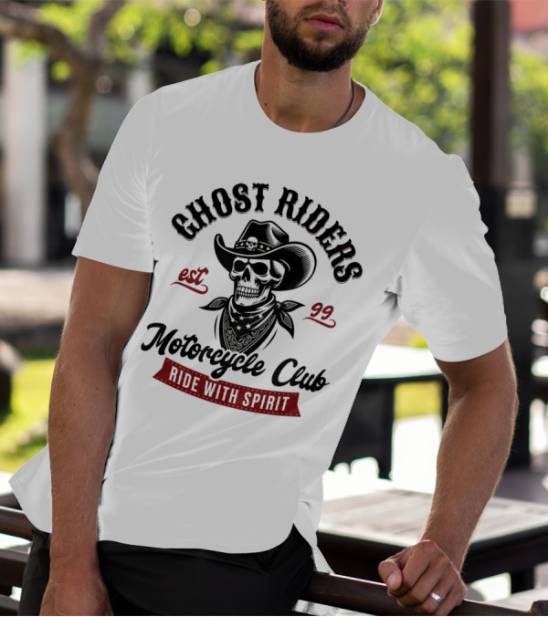 Ghost Riders Motorcycle Club Ride With Spirit Cowboy Skull Est 99 T-Shirt
