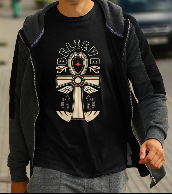 Believe Faith Ankh Symbol With Cats And Wings T-Shirt