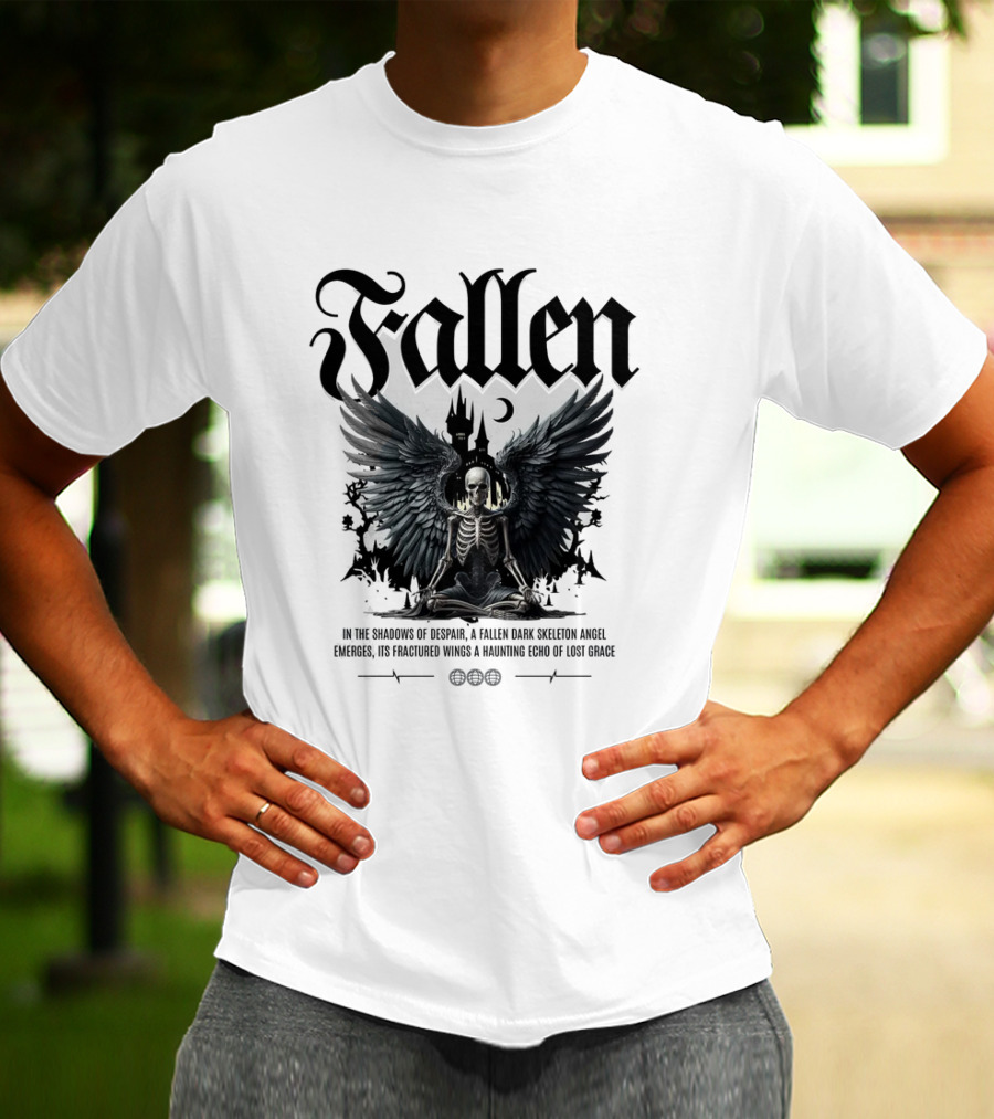 Fallen Dark Skeleton Angel With Fractured Wings And Gothic Castle T-Shirt