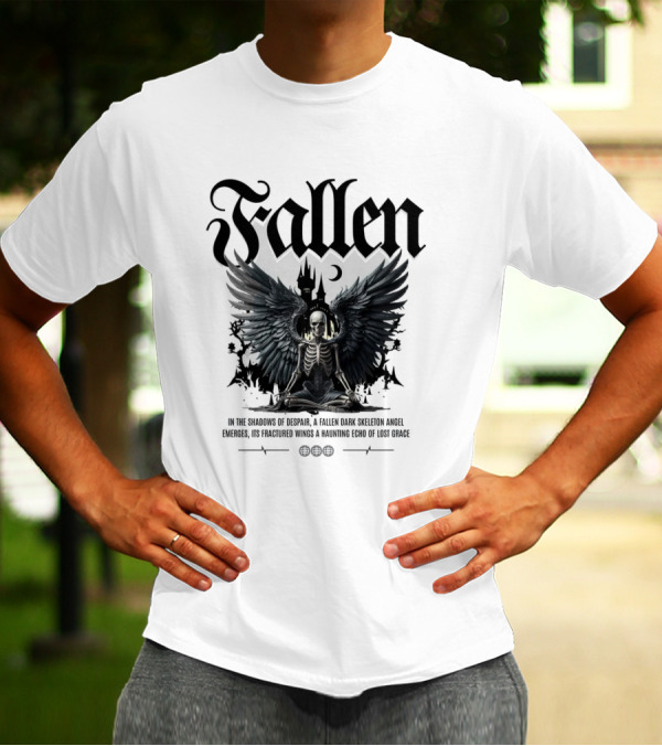 Fallen Dark Skeleton Angel With Fractured Wings And Gothic Castle T-Shirt