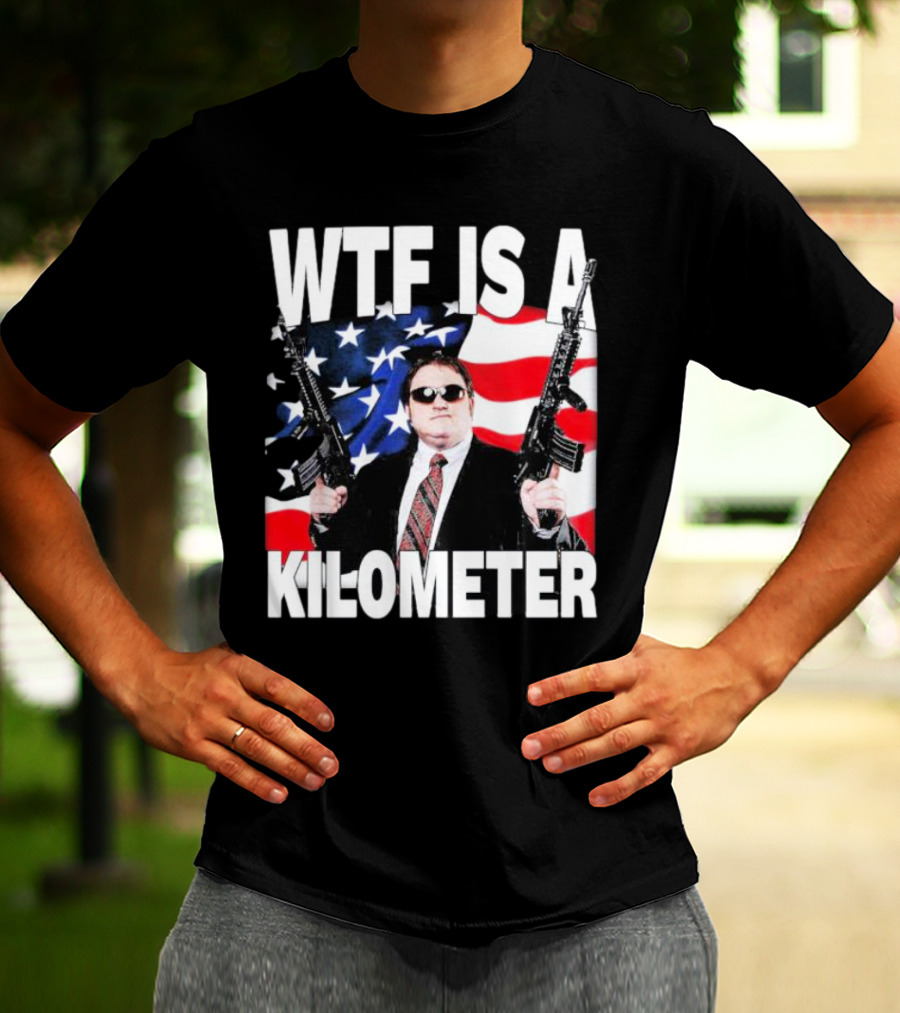 WTF Is A Kilometer American Flag Guns Suit Sunglasses T-Shirt