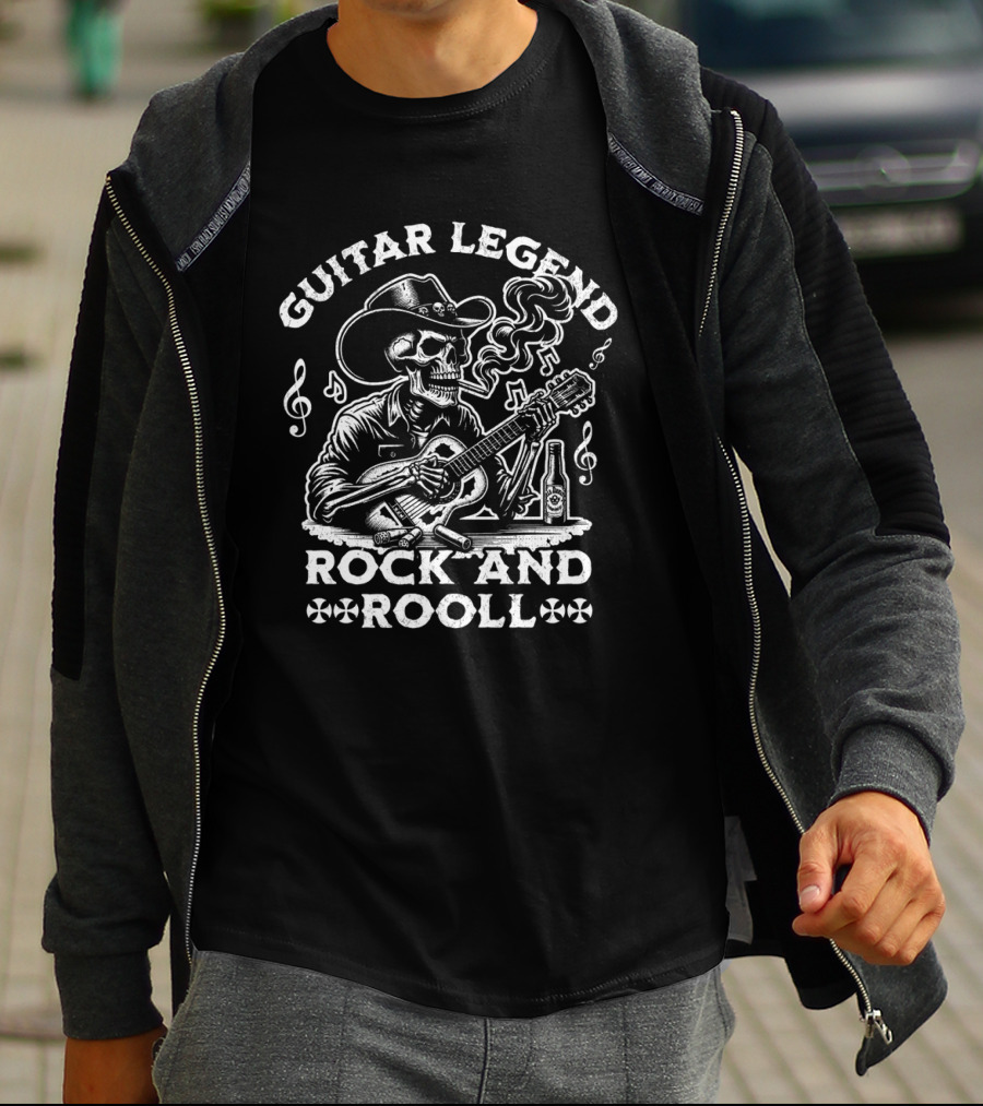 Guitar Legend Rock And Roll Skeleton Cowboy Playing Guitar With Smoking And Musical Notes T-Shirt