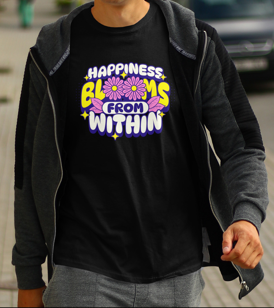 Happiness Blooms From Within With Pink Flowers And Yellow Stars T-Shirt