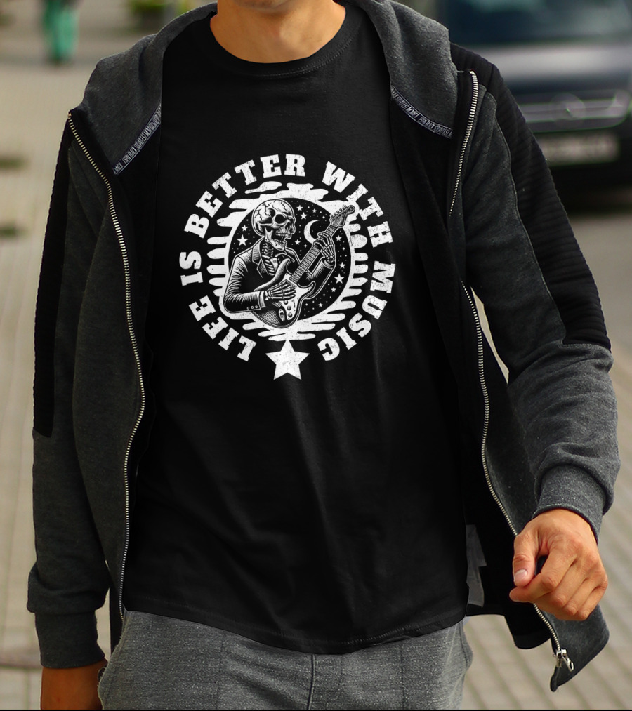 Life Is Better With Music Skeleton Guitar Moon And Stars T-Shirt