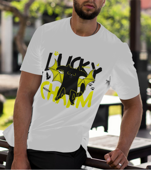 LUCKY CHARM Meow Boooo Bat Wings Cat Paw Prints T-Shirt