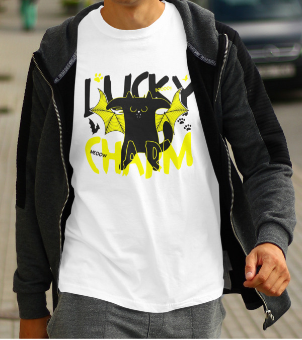 LUCKY CHARM Meow Boooo Bat Wings Cat Paw Prints T-Shirt