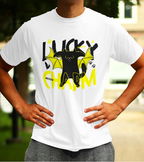 LUCKY CHARM Meow Boooo Bat Wings Cat Paw Prints T-Shirt