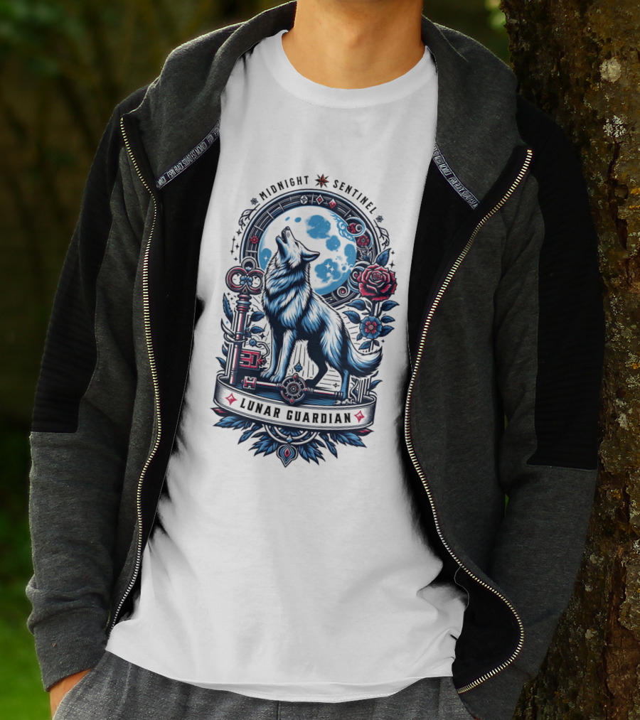 Midnight Sentinel Lunar Guardian Key And Roses Howling Wolf Moon T-Shirt