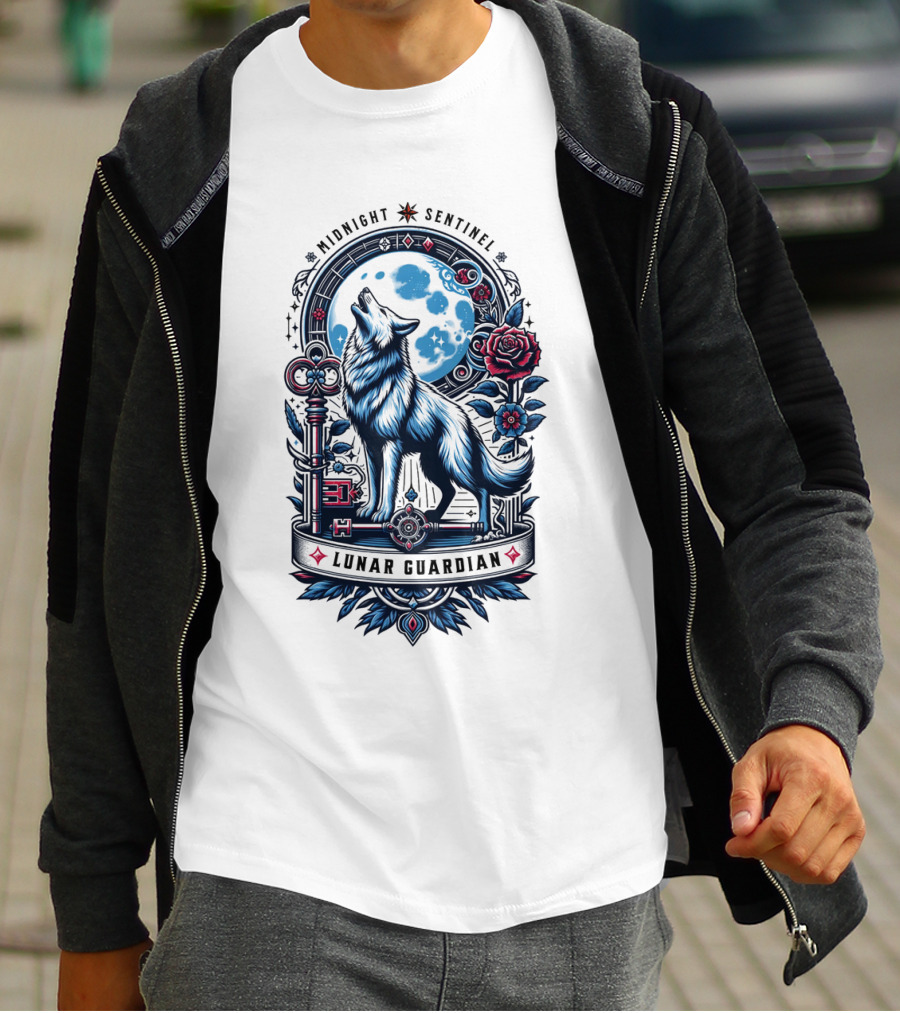 Midnight Sentinel Lunar Guardian Key And Roses Howling Wolf Moon T-Shirt