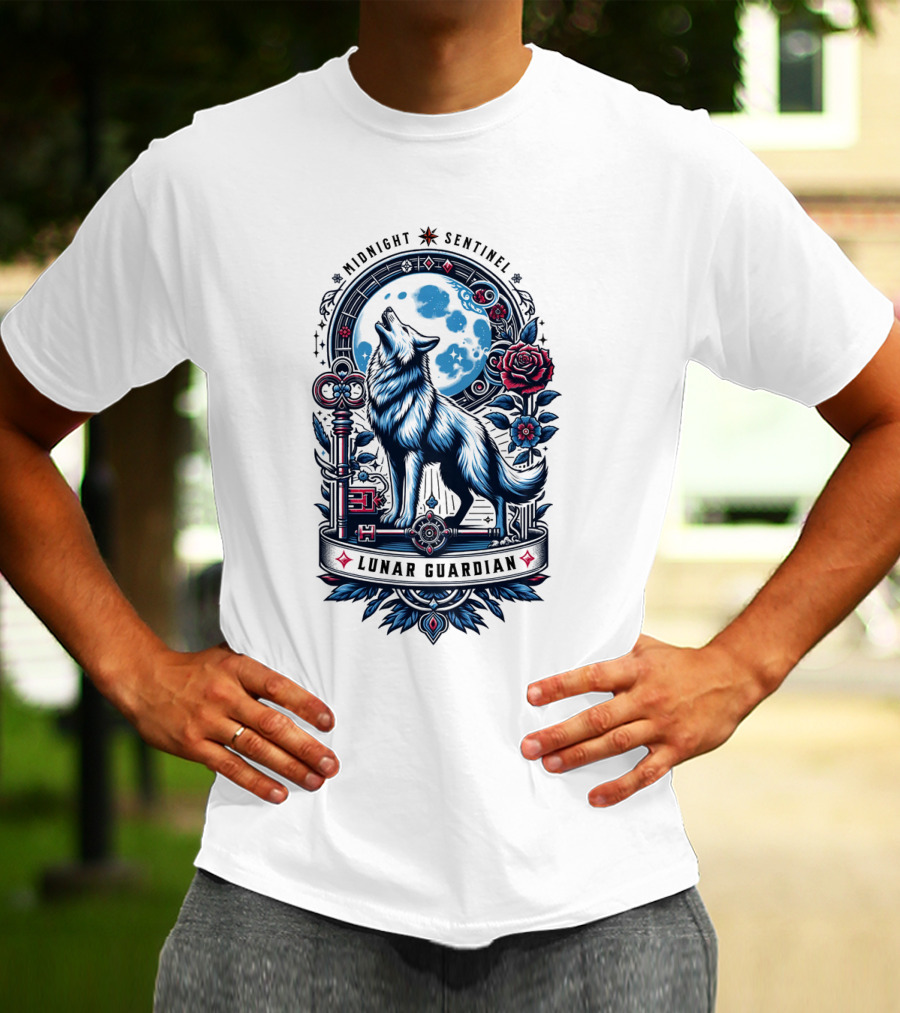 Midnight Sentinel Lunar Guardian Key And Roses Howling Wolf Moon T-Shirt
