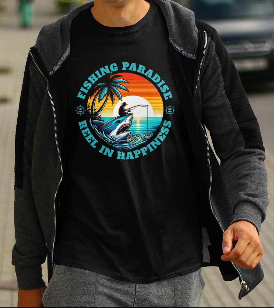 Fishing Paradise Reel In Happiness Sunset Shark Adventure T-Shirt