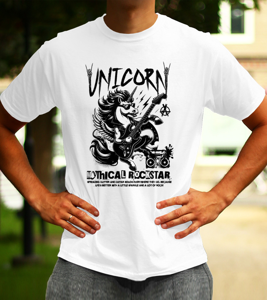 Unicorn Mythical Rockstar Spreading Glitter And Guitar Solos Sparkle Music Rock T-Shirt