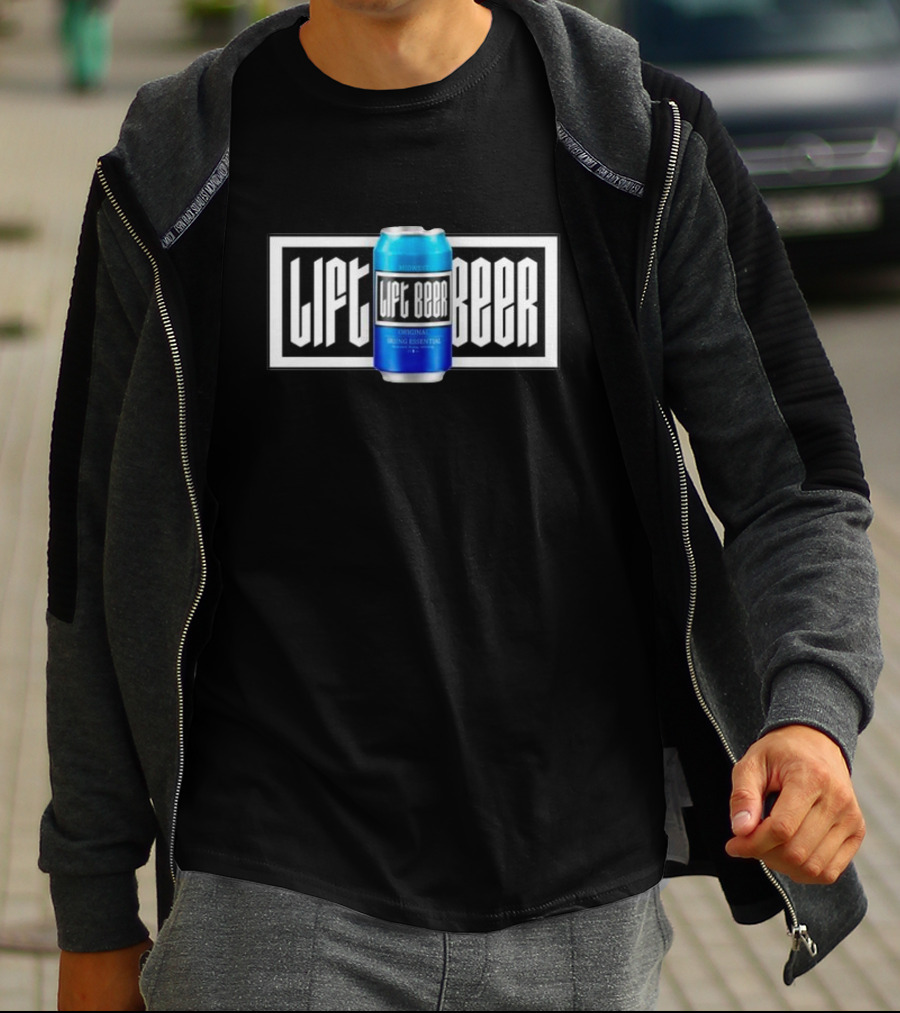 Lift Beer Original Drinking Essential Emblem - Black And White Background With Blue Can T-Shirt
