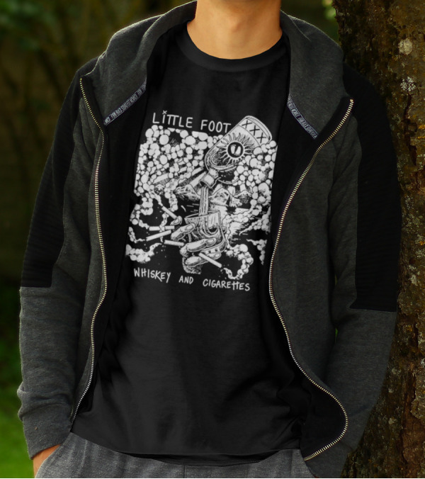 Little Foot Whiskey And Cigarettes Hand Holding Cigarettes And Pouring XXX Bottle In Cloudy Mountains Scene T-Shirt
