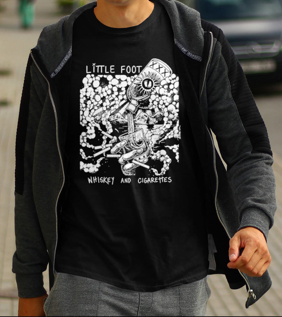 Little Foot Whiskey And Cigarettes Hand Holding Cigarettes And Pouring XXX Bottle In Cloudy Mountains Scene T-Shirt