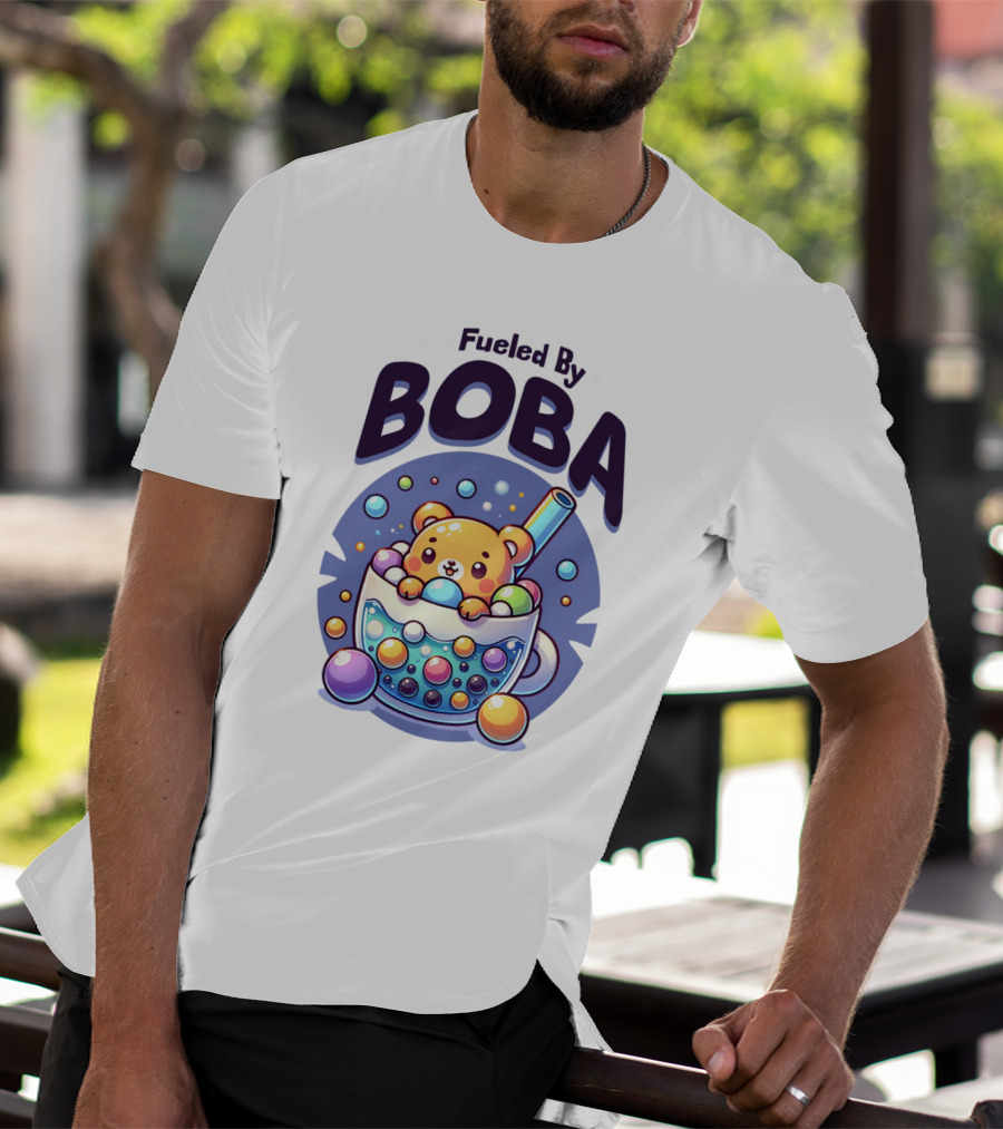Purple Cute Fueled By Boba Bear In Cup With Straw And Bubbles T-Shirt