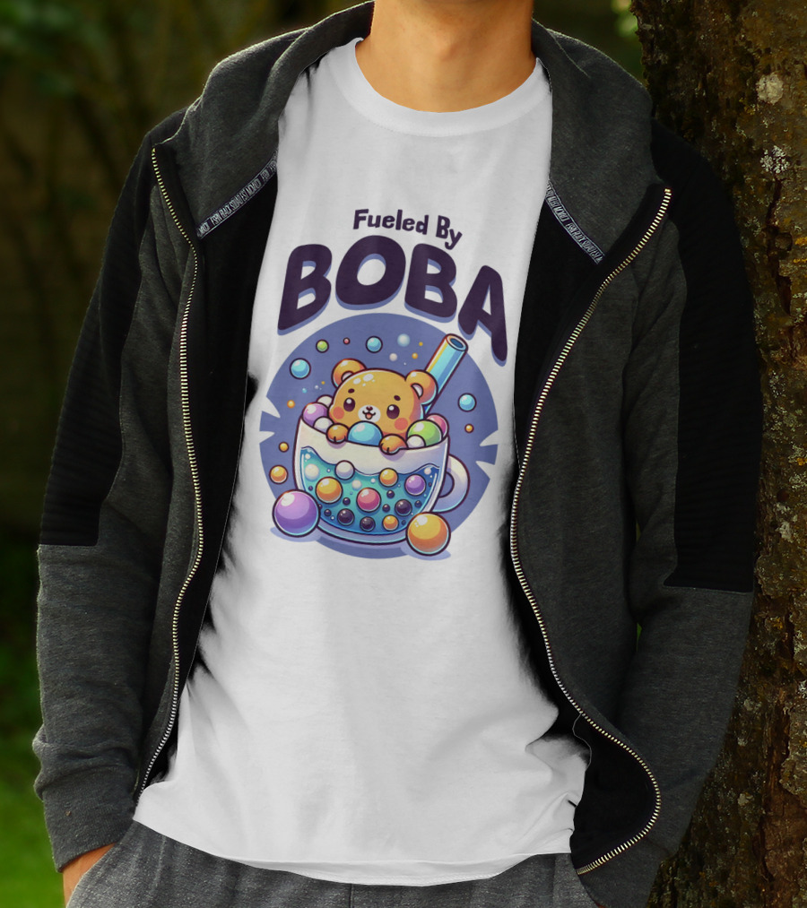 Purple Cute Fueled By Boba Bear In Cup With Straw And Bubbles T-Shirt