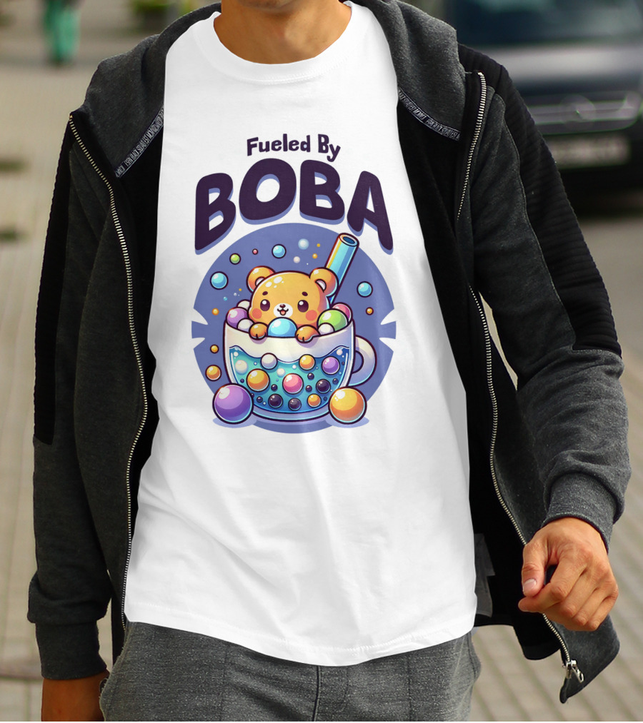 Purple Cute Fueled By Boba Bear In Cup With Straw And Bubbles T-Shirt