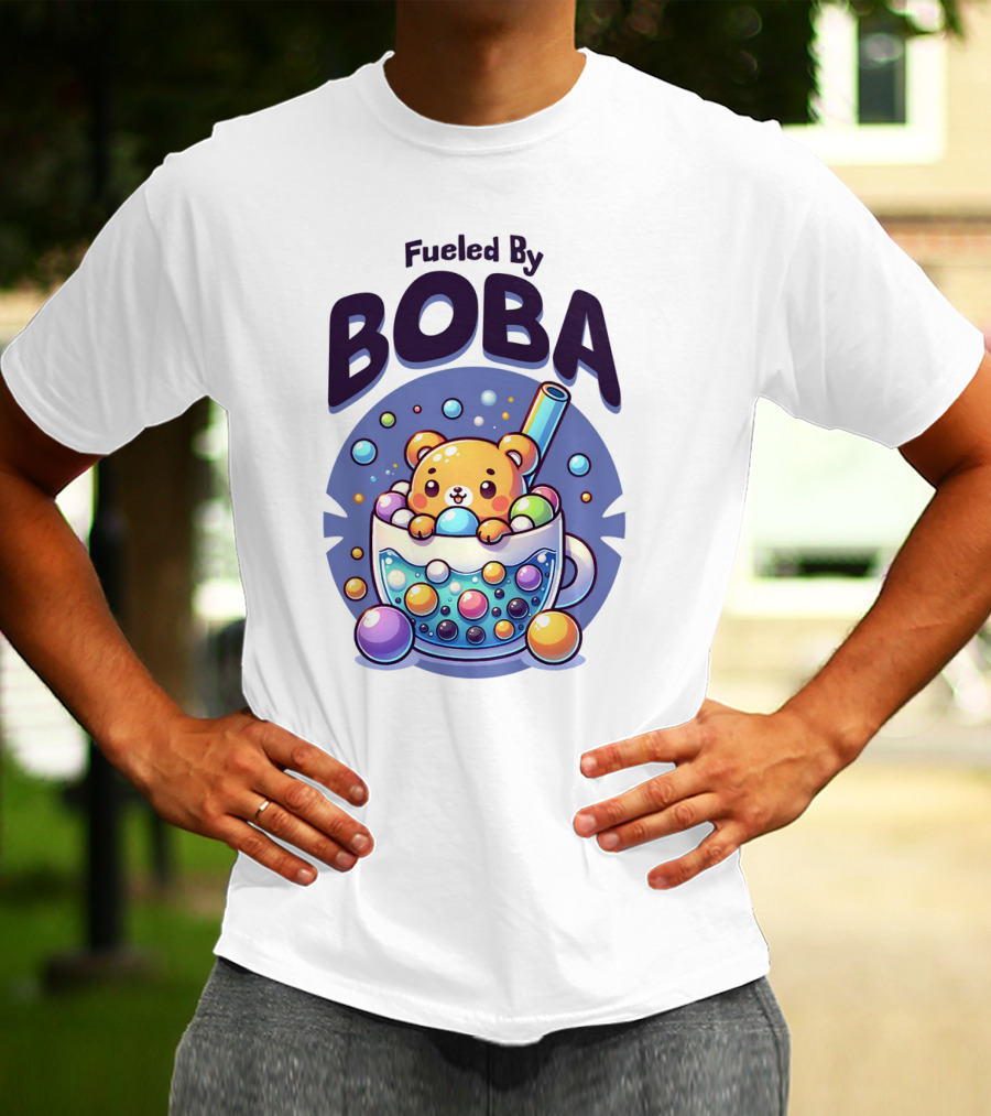 Purple Cute Fueled By Boba Bear In Cup With Straw And Bubbles T-Shirt