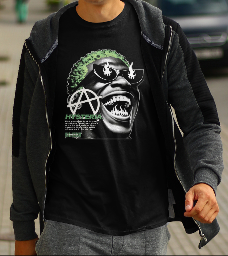 Hysteria Outcast Society Anarchy Flames Green Hair Smiling Face T-Shirt