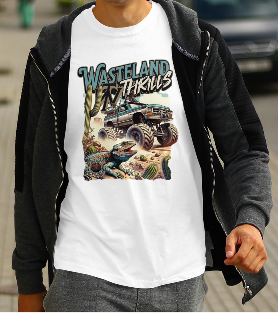 Wasteland Thrills Monster Truck Adventure With Lizard And Cactus Desert Scene T-Shirt