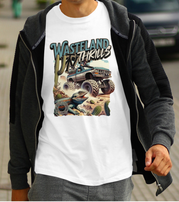 Wasteland Thrills Monster Truck Adventure With Lizard And Cactus Desert Scene T-Shirt