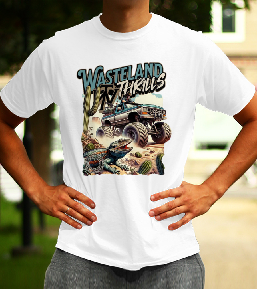 Wasteland Thrills Monster Truck Adventure With Lizard And Cactus Desert Scene T-Shirt