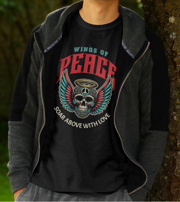 Wings Of Peace Soar Above With Love Peace Symbol Skull And Wings T-Shirt